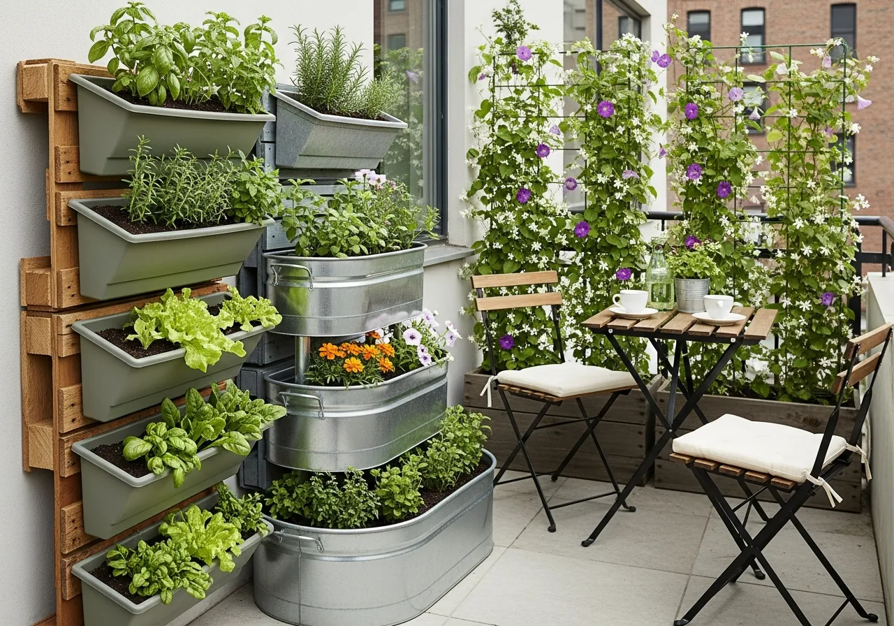 Compact urban garden with vertical planting and space-saving design